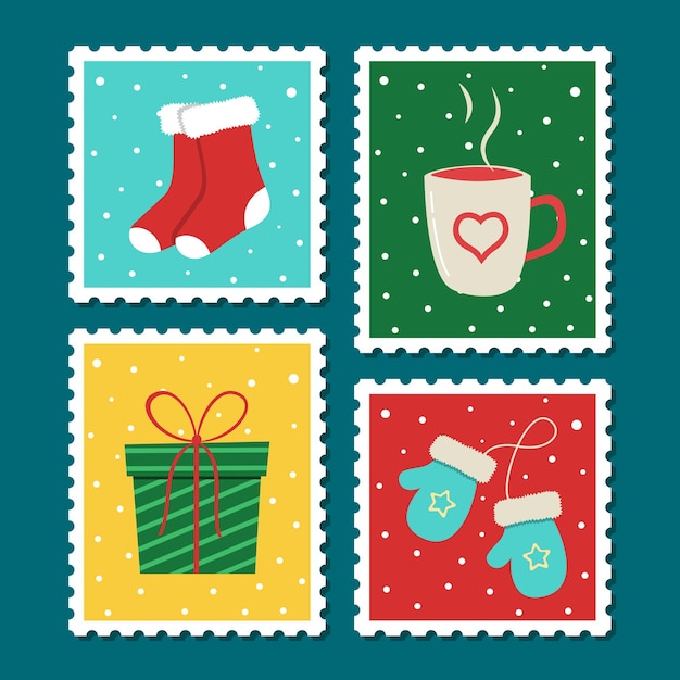 Christmas postage stamp set Vector cartoon illustration in postmark template