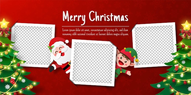 Christmas postcard banner of santa claus and elf with blank photo frame