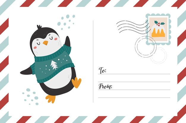 Christmas postcard banner with cute penguin funny character place for text and mail stamp