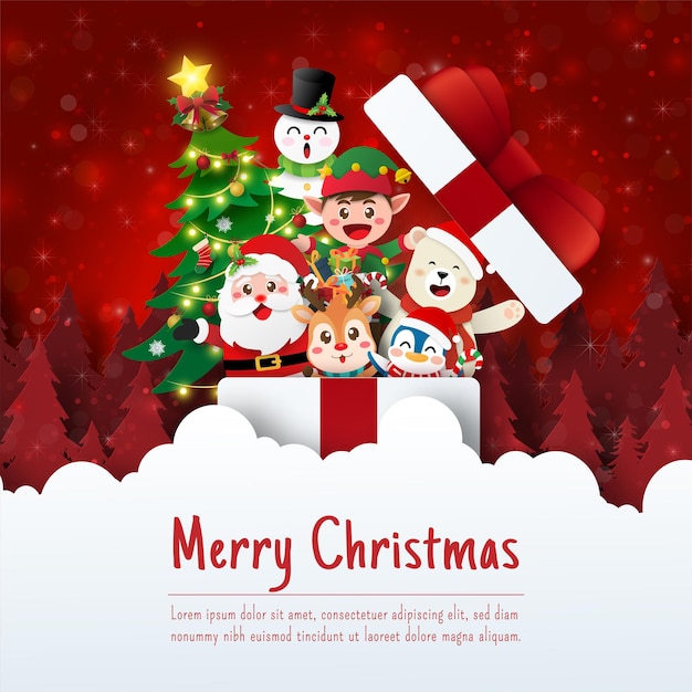 Christmas postcard of Christmas gift box with Santa Claus and friend