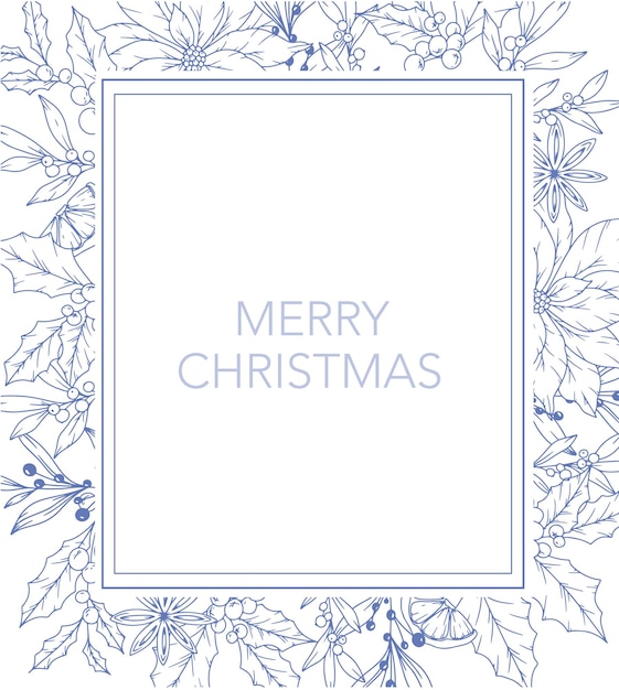 Christmas Postcard Design with winter greenery poinsettia holly mistletoe pine cone