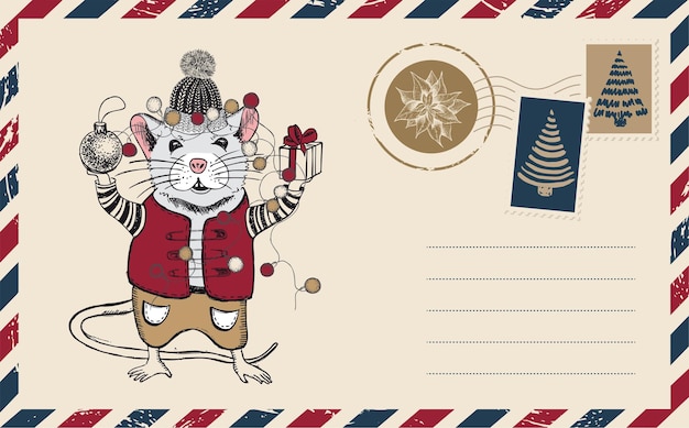 Vector christmas postcard, mail, hand drawn illustration.