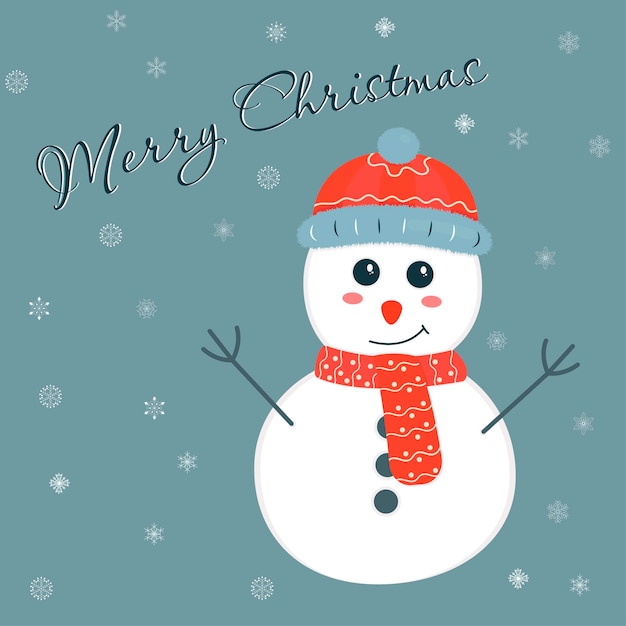 Christmas postcard in retro style with text merry christmas and cute snowman in a red hat and scarf