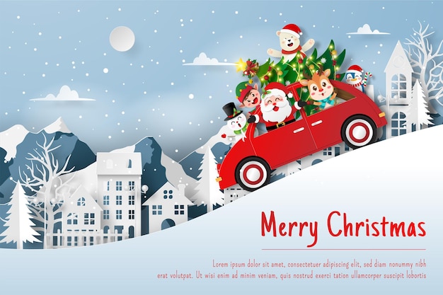 Christmas postcard of Santa Claus and friend in Xmas car in the village