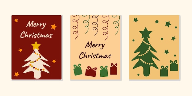 Christmas postcard set in beige tones Orange burgundy and green colors Vector illustration