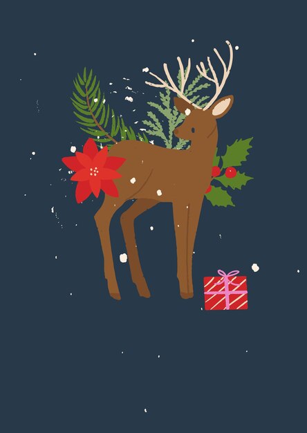 Vector christmas postcard template deer pine branches floral