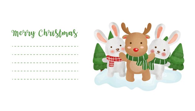 かわいいウサギとグリーティングカードのトナカイのクリスマスのポストカード。