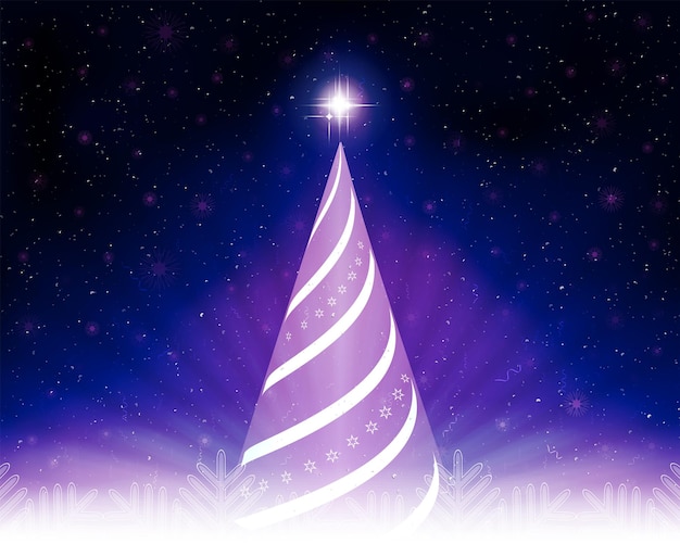 Vector christmas postcard with an abstract christmas tree rays of light and white snowflakes