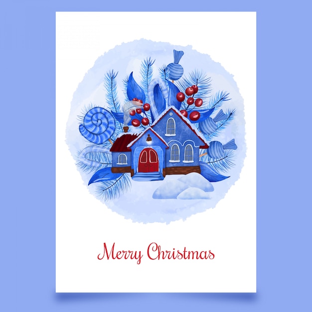 Christmas postcard with blue house covered snow