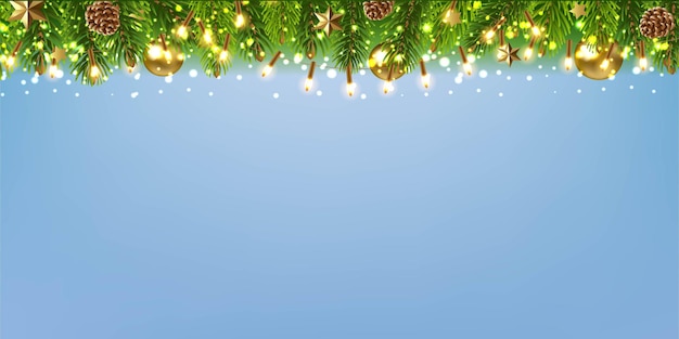 電球が付いている花輪が付いているクリスマスのはがきグラデーションメッシュ、ベクトル図と青い背景。