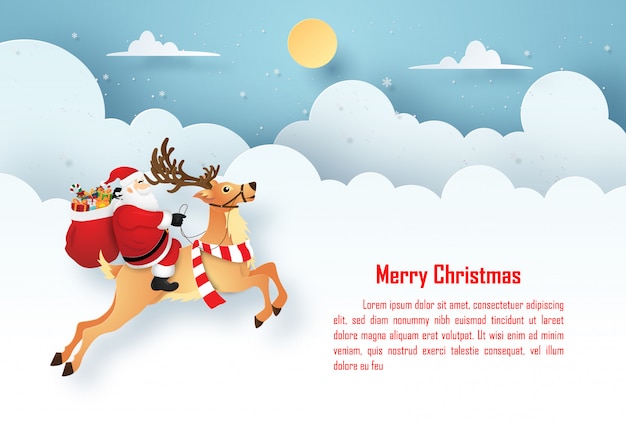 Christmas postcard with santa claus and reindeer on the sky