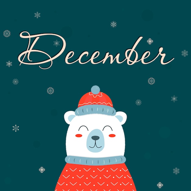 Christmas postcard with text december and cute bear on a red scarf and sweater on a blue background