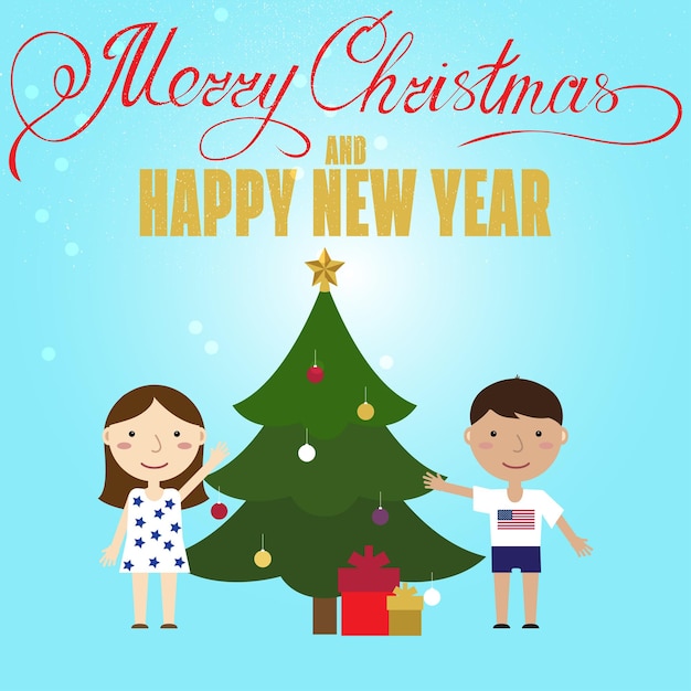 Christmas poster design with Children and Christmas Tree Christmas greeting card Vector illustration