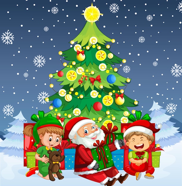 Christmas poster design with santa claus and children