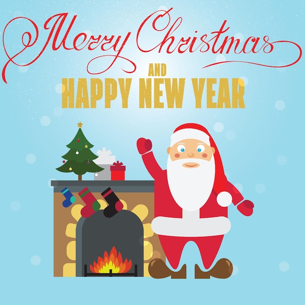 Рождественский дизайн плаката с камином Санта-Клауса, рождественской елкой и