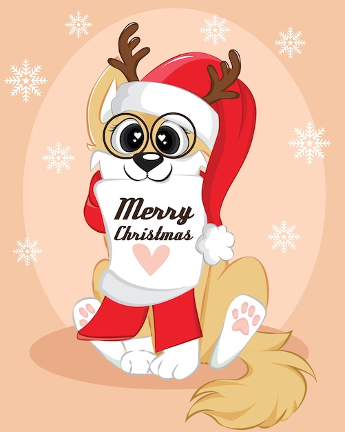 Christmas poster of a dog. Cute winter background with text merry christmas.