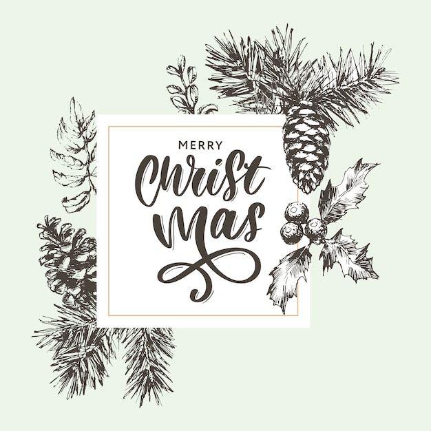 Christmas Poster - Illustration. Lettering Vector illustration of Christmas Frame with branches of christmas tree.