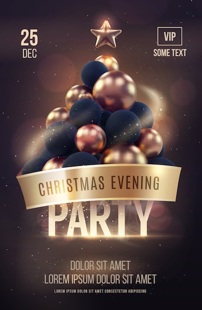 Vector christmas poster party template with golden christmas tree