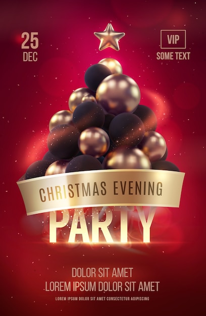 Vector christmas poster party template with golden christmas tree