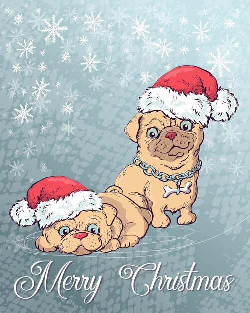 Christmas poster with dog portrait in red Santa