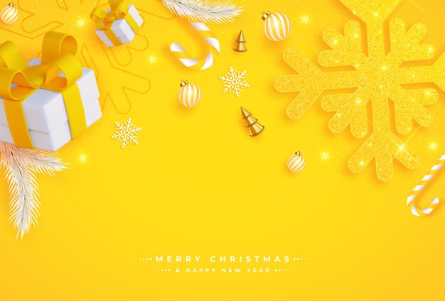 Poster natalizio con fiocchi di neve gialli lucenti, regali e altri elementi