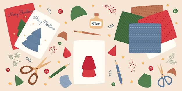 Вектор Рождественская подготовка ручное создание рождественских открыток праздничный скрепбукинг творческий процесс верхний вид векторная иллюстрация