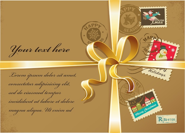 Christmas present box with colorful stamps and golden ribbons.