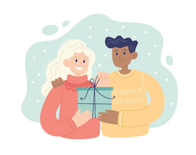 Vector christmas presents concept young happy couple opening a gift vector illustration simple style
