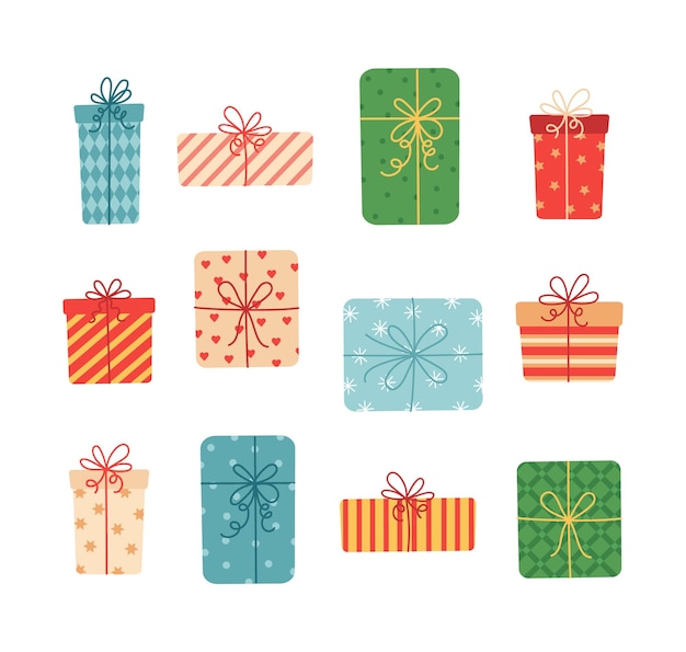 Рождественские подарки устанавливают разные коробки с лентами Векторная иллюстрация в плоском мультяшном стиле