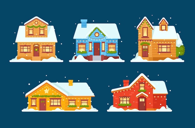 Christmas private houses, dwellings decorated for xmas, countryside cottages with garlands, spruce tree branches decoration and snow on roof isolated on blue background. cartoon vector illustration