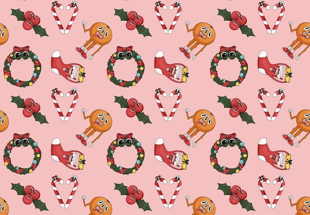 Christmas products elements seamless pattern Candy Christmas wreath mistletoe berries tangerine