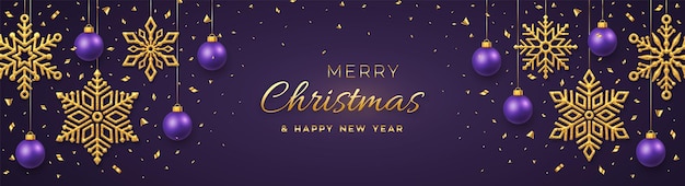 Vector christmas purple background with hanging shining golden snowflakes and balls. merry christmas greeting card. holiday xmas and new year poster, web banner, header website. vector illustration.