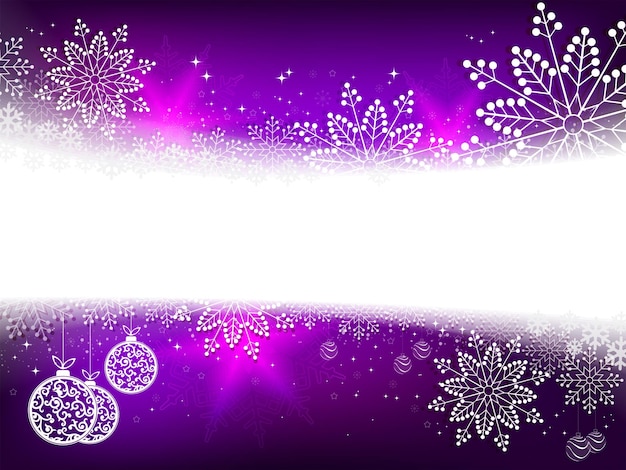 수많은 흰색 우아한 눈송이와 공이 있는 크리스마스 보라색 디자인