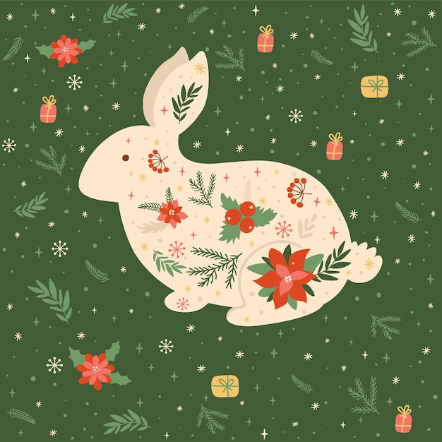 Christmas rabbit 2023 floral new year rabbit symbol 2023 year hello winter merry christmas floral rabbit bunny