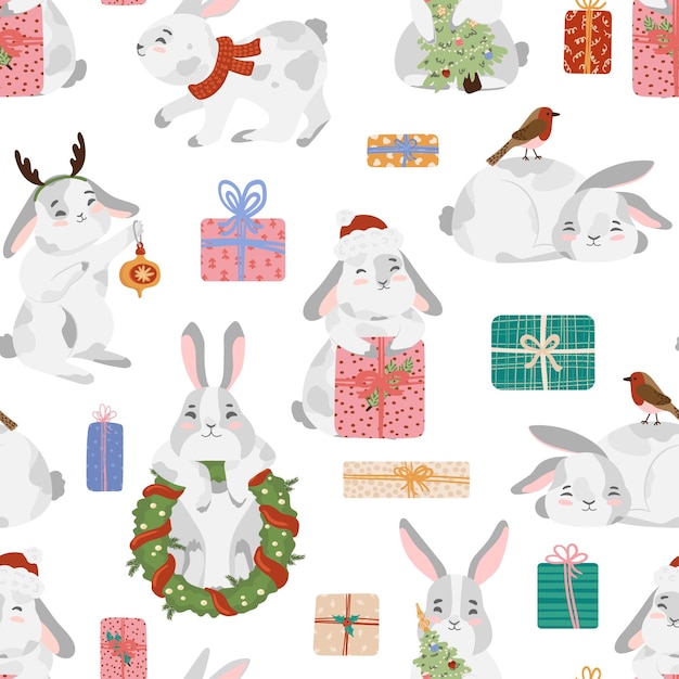 출현 화 환 선물 상자 현재 산타 모자와 크리스마스 토끼 토끼 토끼 벡터 원활한 패턴