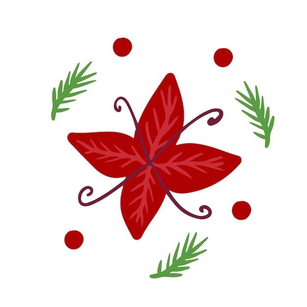 Рождественские красные и зеленые цветочные украшения с еловой веткой, веткой, ягодами, изолированными на белом.