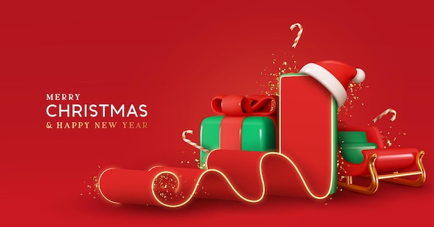 크리스마스 빨간색 배경입니다. 현실적인 3d 디자인 크리스마스 요소입니다. 녹색 선물 상자, 겨울 썰매, 선물 가방 및 선물. 창의적인 축제 구성, 산타클로스에게 보내는 편지. 새해 복 많이 받으세요 배너, 웹 포스터