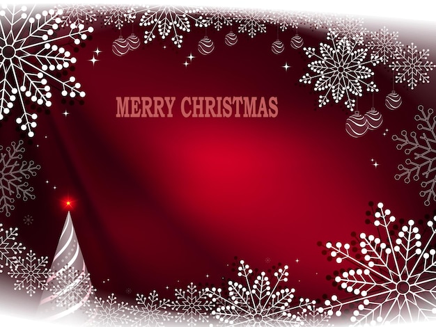 Christmas red background with abstract christmas tree and beautiful snowflakes