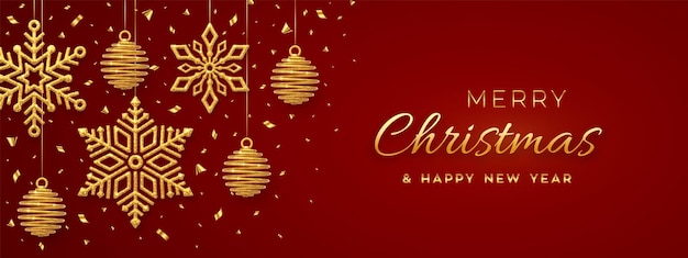 Christmas red background with hanging shining golden snowflakes and balls Merry christmas greeting card Holiday Xmas and New Year poster web banner Vector Illustration