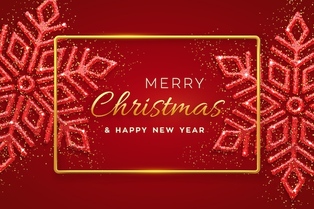 Christmas red background with shining snowflakes. Merry christmas greeting card.