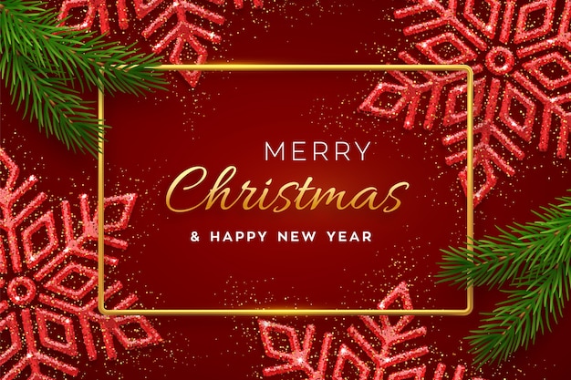 Christmas red background with shining snowflakes and pine branches