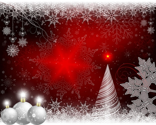 Рождественский красный фон с еловыми белоснежными елочными шарами и снежинками