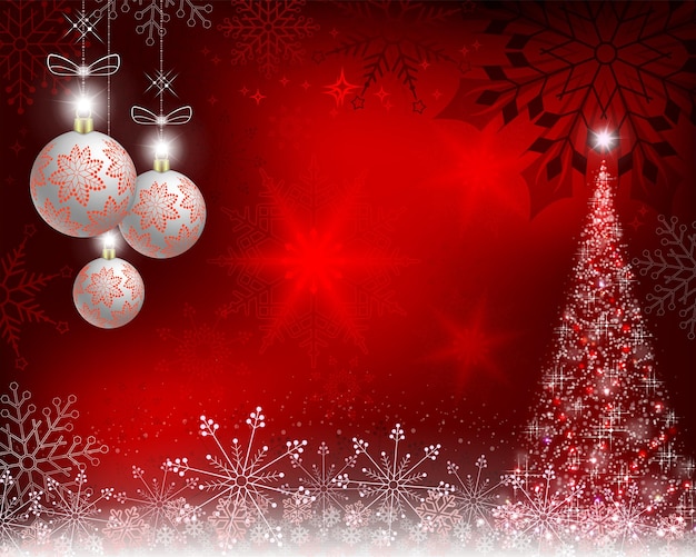 Vector christmas red background with white balls and spruce