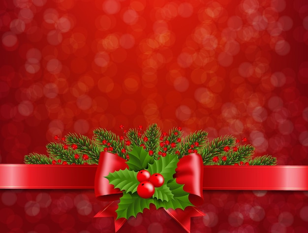 Vector christmas red bokeh with holly berry red ribbon