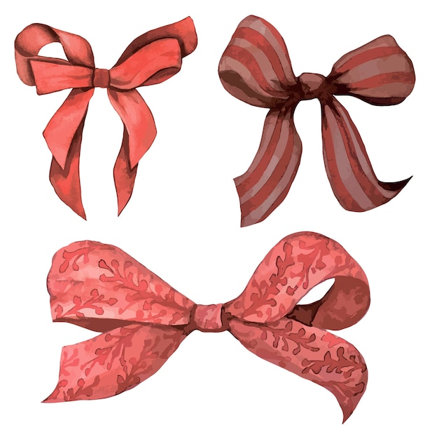 Vector christmas red bows watercolor clipart set