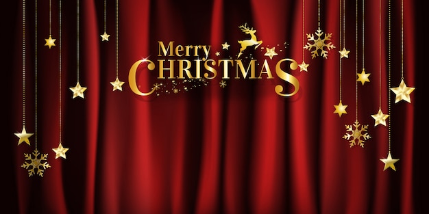 Christmas on red fabric background with hanging stars and snowflakes with copy space. Vector.