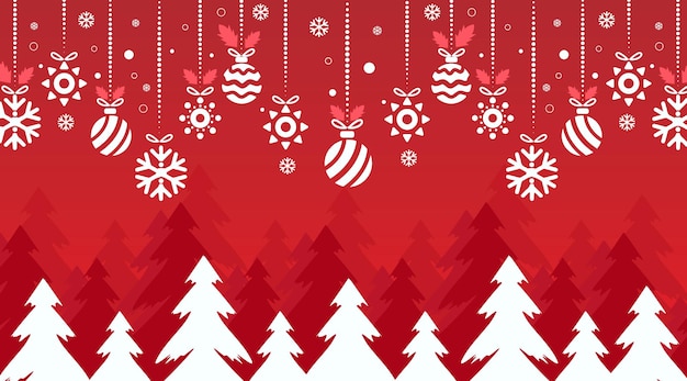 Vector christmas red festive background with christmas tree and hanging balls.