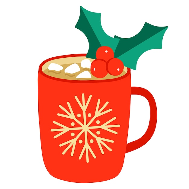 Vector christmas red mug. leaves and berries of holly. snowflake pattern. coffee, cocoa, marshmallow.