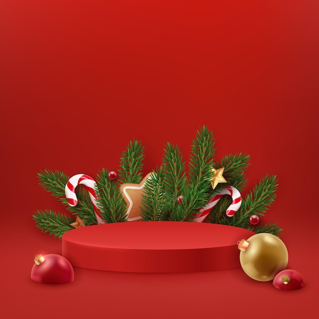 Christmas red podium with firs candy canes christmas balls and stars holiday background christmas