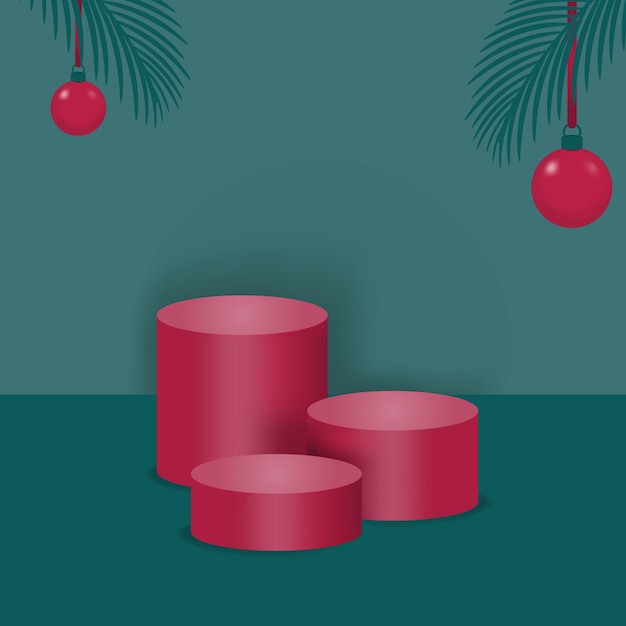 Christmas red podiums on a green background with spruce branches and red Christmas balls